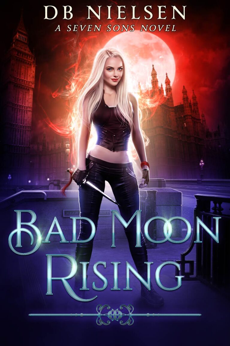 Bad Moon Rising Series - A neon-drenched city skyline under a blood-red moon. A lone vampire princess, fangs bared, overlooks the shadows. Dive into Bad Moon Rising, where vengeance burns bright. (#vampirejustice #urbanfantasythriller #BadMoonRising)