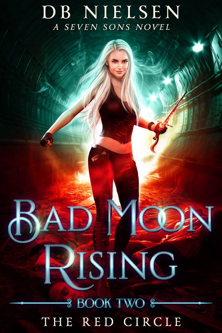 Bad Moon Rising Series: The Red Circle - A fierce Aislinn, eyes glowing, faces a monstrous demon amidst a crumbling gothic cityscape. Dark magic swirls around them. (The Red Circle: Bad Moon Rising Book 2 by DB Nielsen)